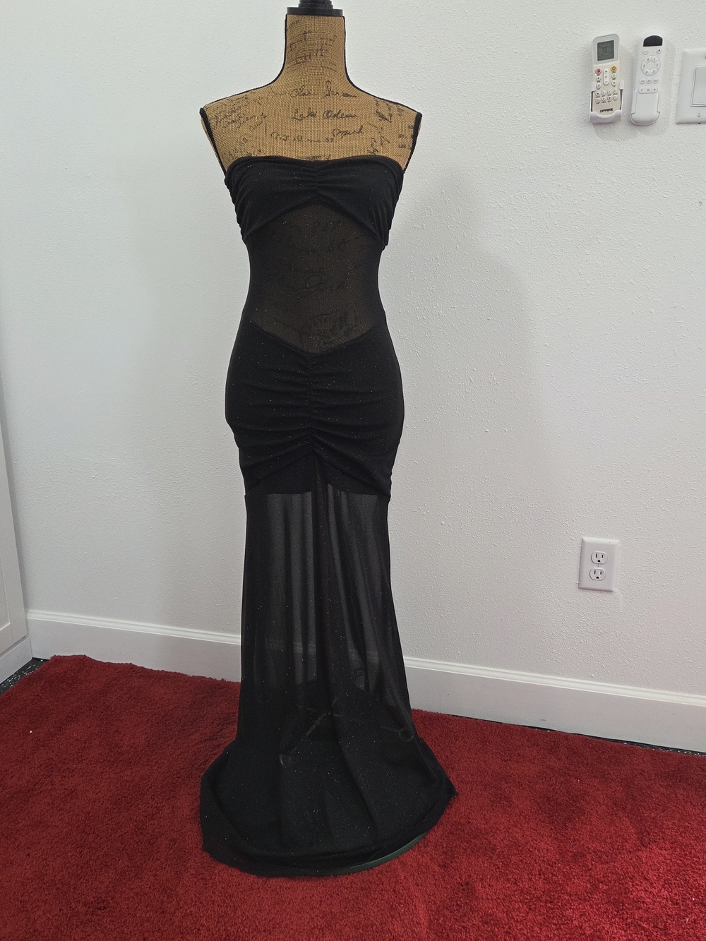 Black Strapless Sheer Ruched Maxi Dress